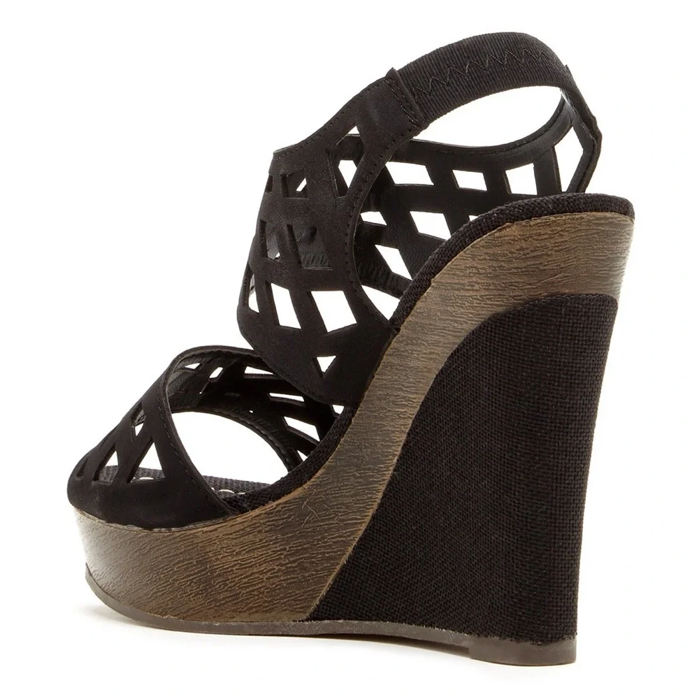 Bucco Serenas Wedge Sandal Black 9 Laser Cut Straw Heel Platform